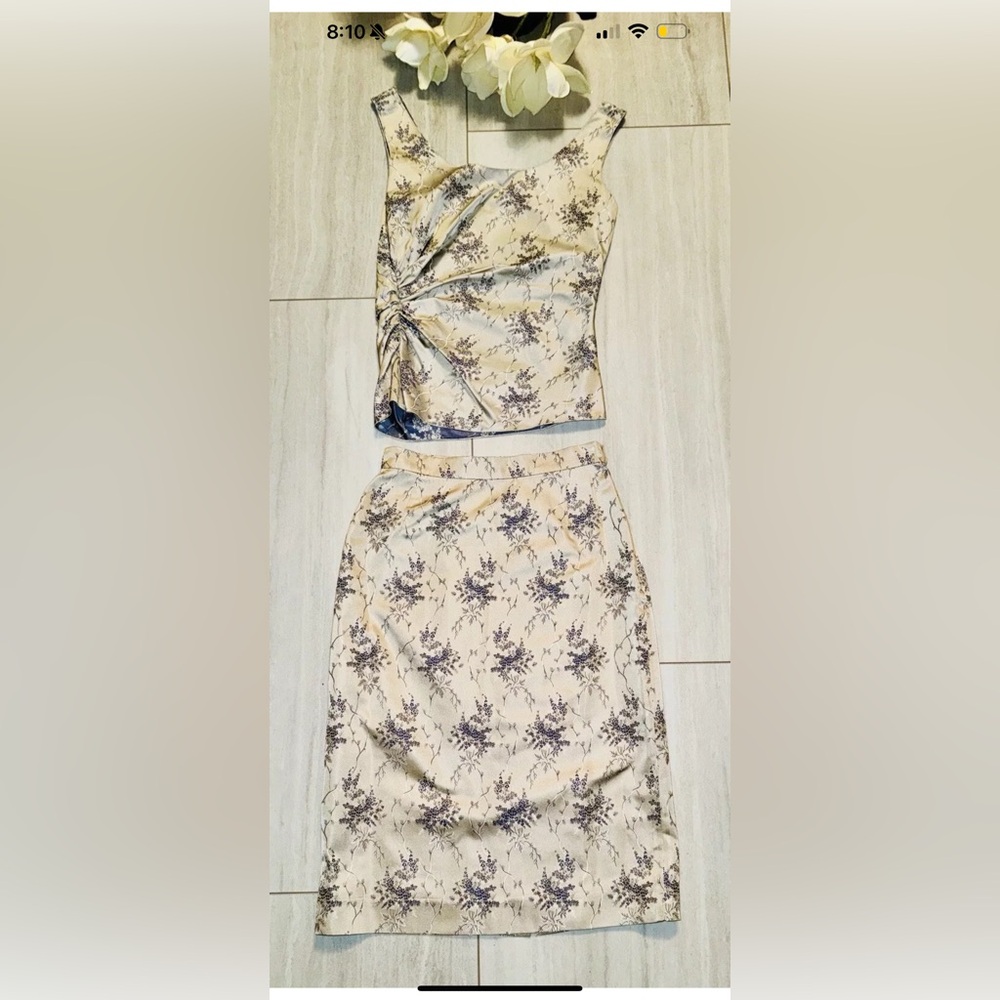 PRADA: Floral Patterned Cream/silver and Blue Women's Matching Top + Skirt